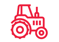 A red tractor with a large number of tires.